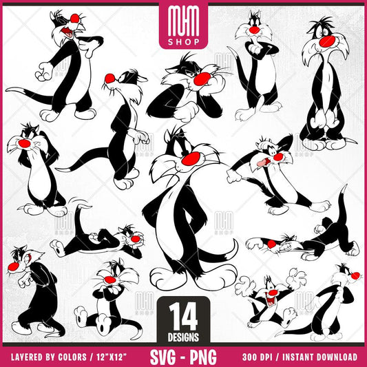 Sylvester Cat Svg Png, 14 Designs Easy to use, Cartoon Characters Clipart, Layered Svg by colors, Transparent Png, Easy cut files for Cricut