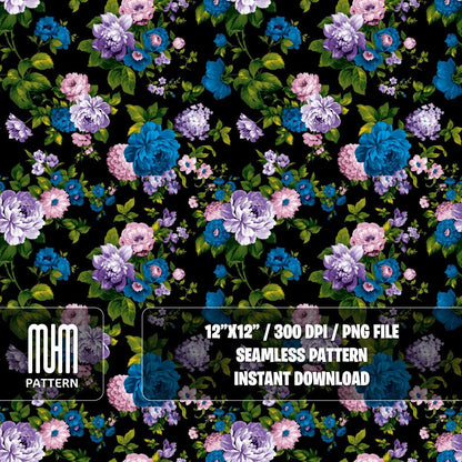 Seamless Pattern, Watercolor Floral Pattern, Black Background, Modern Design, Fabric Design Sublimation, Ready for Textile Prints.