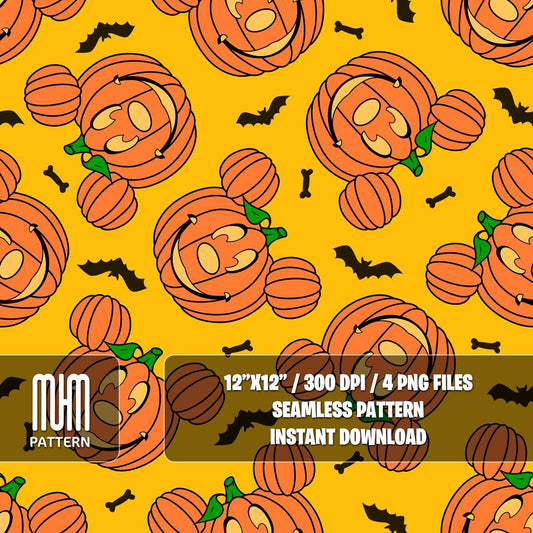 Seamless Pattern PNG, Halloween Pumpkin, Mouse Head, Cartoon Characters, Boo Day, Fabric Design Sublimation, Ready for Textile Prints.