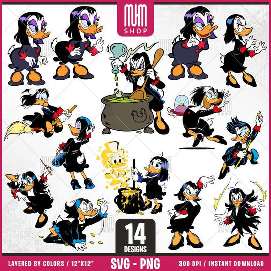 Magica De Spell Witch Duck Svg Png, 14 Designs Easy to use, Cartoon Characters, Layered Svg by colors, Transparent Png, Cut Files for Cricut