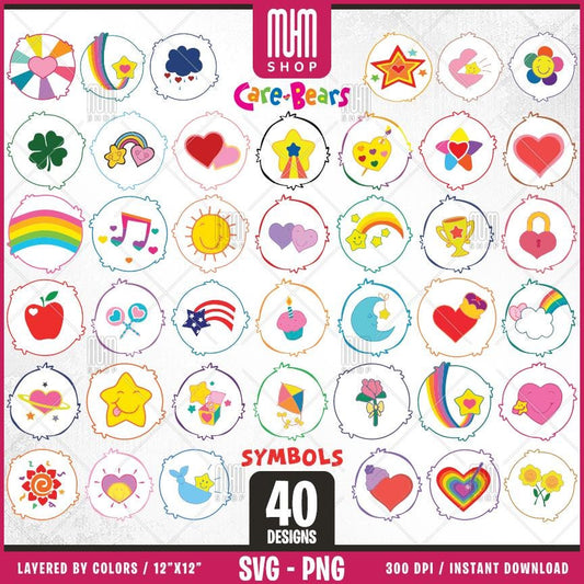 Care Bears Symbols Svg, 40 Designs Easy to use, Cartoon Characters, Layered Svg by colors, Transparent Png, Easy cut files for Cricut.