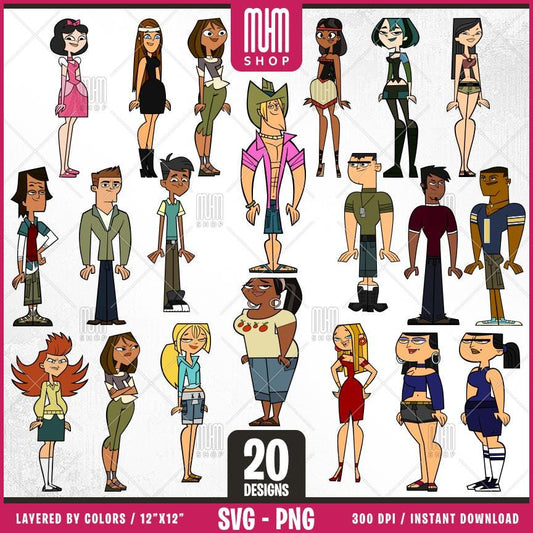 Total Drama Svg Png Set3, 20 Designs Easy to use, Cartoon Characters Cliparts, Layered Svg by colors, Transparent Png, Cut files for Cricut.