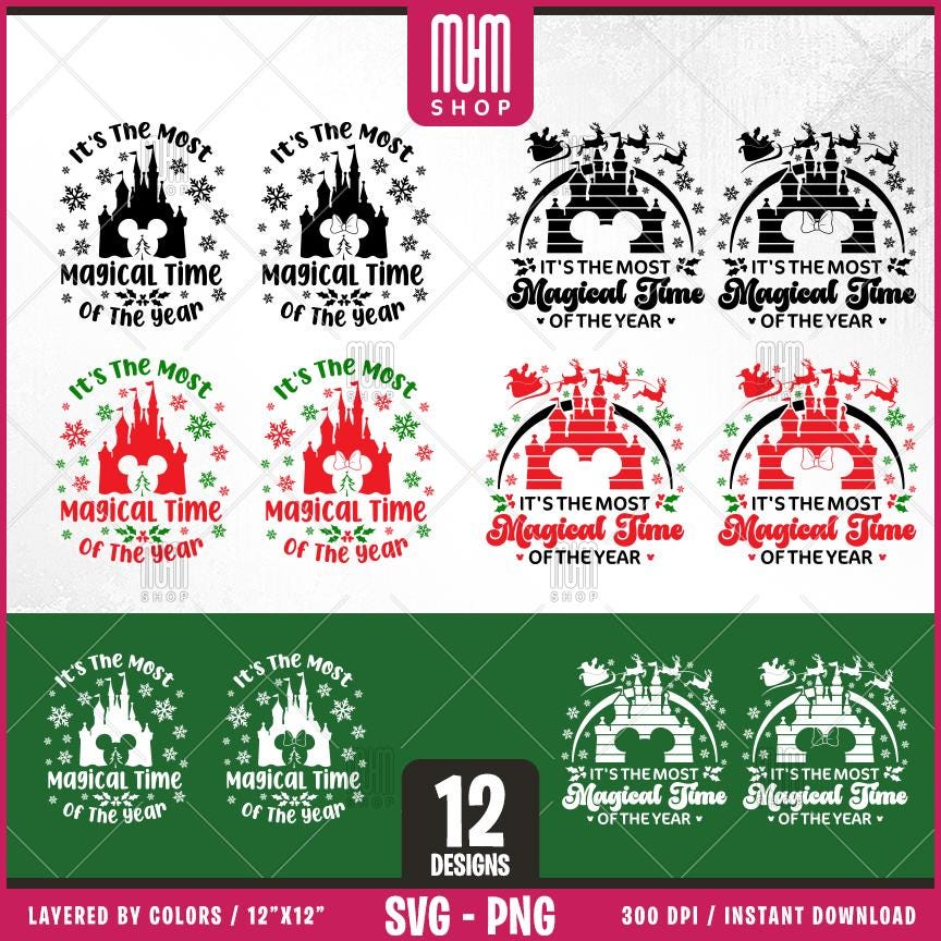 Xmas Magical Time Svg Png, 12 Designs Easy to use, Magical Kingdom Bundle, Family Trip, Castel Svg, Mouse Head, Easy cut files for Cricut.