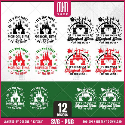 Xmas Magical Time Svg Png, 12 Designs Easy to use, Magical Kingdom Bundle, Family Trip, Castel Svg, Mouse Head, Easy cut files for Cricut.