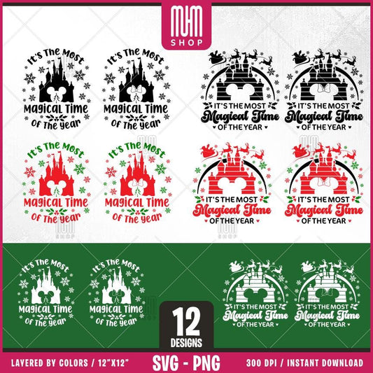 Xmas Magical Time Svg Png, 12 Designs Easy to use, Magical Kingdom Bundle, Family Trip, Castel Svg, Mouse Head, Easy cut files for Cricut.