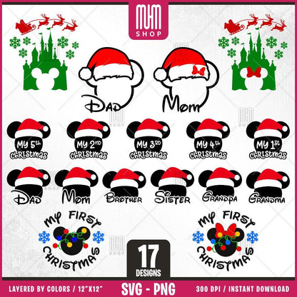 Merry Christmas Mouse Head Svg Png, 17 Designs Easy to use, Magical Kingdom Bundle Png, Family Trip, Castel Svg, Easy cut files for Cricut.