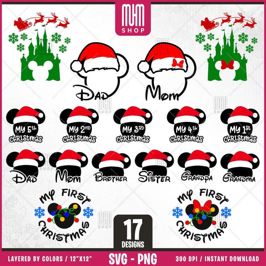 Merry Christmas Mouse Head Svg Png, 17 Designs Easy to use, Magical Kingdom Bundle Png, Family Trip, Castel Svg, Easy cut files for Cricut.