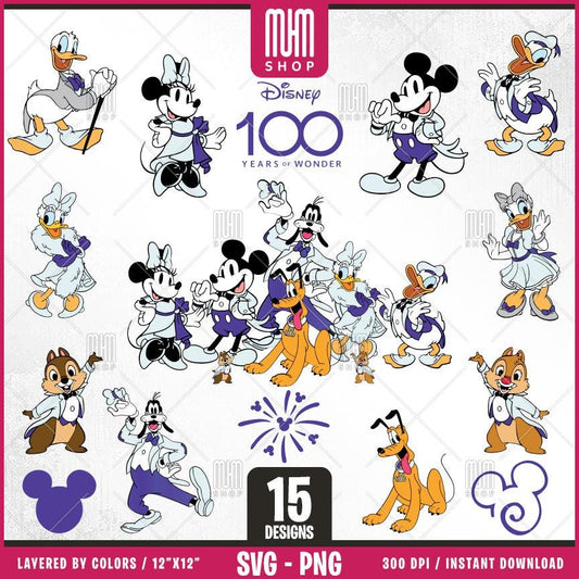 100 Years Of Wonder, Mouse Svg, 15 Designs Easy to use, Cartoon Characters, Layered Svg by colors, Transparent Png, Cut files for Cricut.