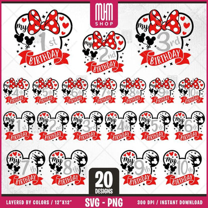Mouse Head My Birthday Birthday Svg Png, 20 Designs Easy to use Cartoon Characters, Layered Svg by colors, Transparent Png, files for Cricut