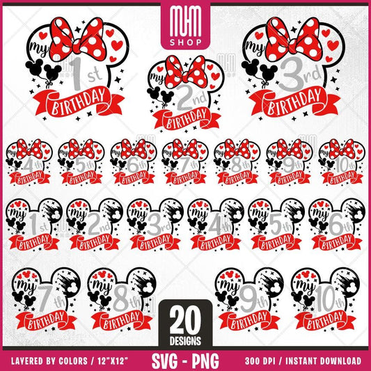 Mouse Head My Birthday Birthday Svg Png, 20 Designs Easy to use Cartoon Characters, Layered Svg by colors, Transparent Png, files for Cricut