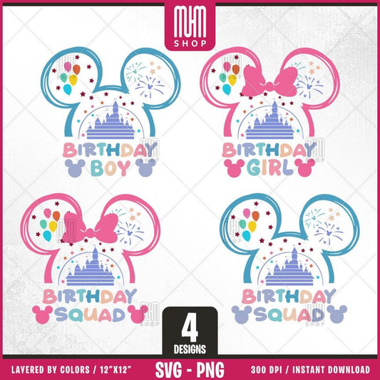 Birthday Mouse Svg Png, 4 Designs Easy to use, Cartoon Characters, Disneyland, Layered Svg by colors, Transparent Png, Cut files for Cricut.