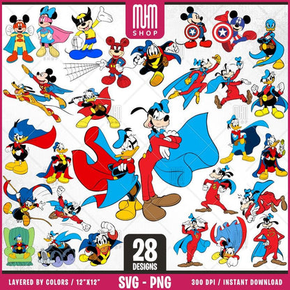 Mouse And Friends Superheroes Svg Png, 28 Designs Easy to use, Cartoon Characters, Layered Svg by colors, Transparent Png, Cut files for Cricut.