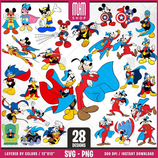 Mouse And Friends Superheroes Svg Png, 28 Designs Easy to use, Cartoon Characters, Layered Svg by colors, Transparent Png, Cut files for Cricut.