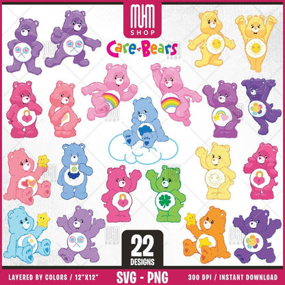 Care Bears Svg, Cute Bears, 22 Designs Easy to use, Cartoon Characters, Layered Svg by colors, Transparent Png, Easy cut files for Cricut.