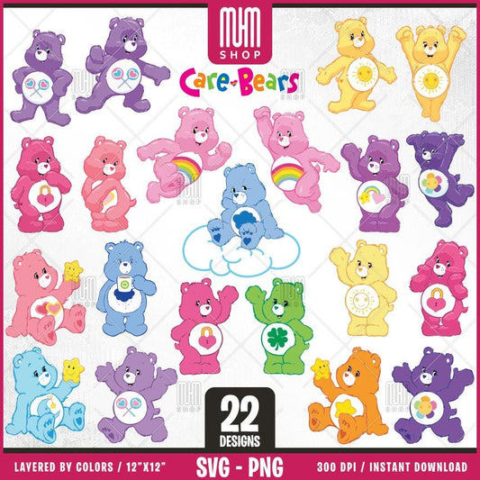 Care Bears Svg, Cute Bears, 22 Designs Easy to use, Cartoon Characters, Layered Svg by colors, Transparent Png, Easy cut files for Cricut.