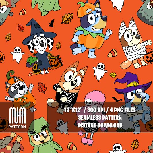 Seamless Pattern PNG, Bluey Dog and Friends Halloween, Cartoon Characters, Fabric Design Sublimation, Ready for Textile Prints.