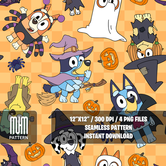 Seamless Pattern PNG, Bluey Dog and Friends Halloween, Cartoon Characters, Fabric Design Sublimation, Ready for Textile Prints.