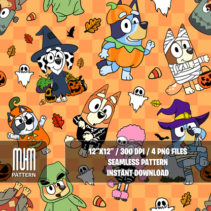 Seamless Pattern PNG, Bluey Dog and Friends Halloween, Cartoon Characters, Fabric Design Sublimation, Ready for Textile Prints.
