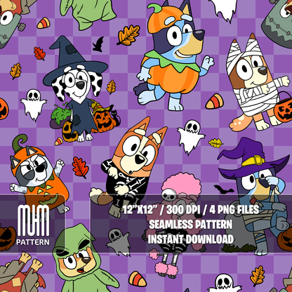Seamless Pattern PNG, Bluey Dog and Friends Halloween, Cartoon Characters, Fabric Design Sublimation, Ready for Textile Prints.
