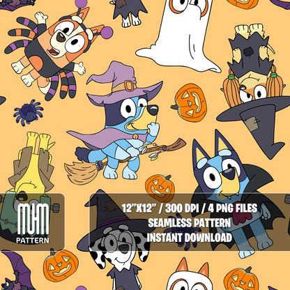 Seamless Pattern PNG, Bluey Dog and Friends Halloween, Cartoon Characters, Fabric Design Sublimation, Ready for Textile Prints.