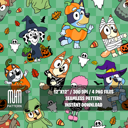Seamless Pattern PNG, Bluey Dog and Friends Halloween, Cartoon Characters, Fabric Design Sublimation, Ready for Textile Prints.
