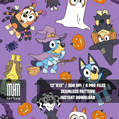 Seamless Pattern PNG, Bluey Dog and Friends Halloween, Cartoon Characters, Fabric Design Sublimation, Ready for Textile Prints.
