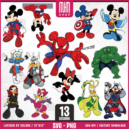 Mouse And Friends Superheroes  Svg Png, 13 Designs Easy to use, Cartoon Characters, Layered Svg by colors, Transparent Png, Cut files for Cricut.