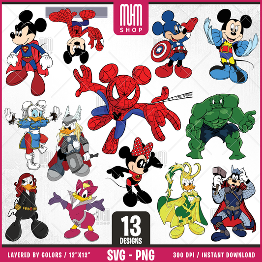 Mouse And Friends Superheroes  Svg Png, 13 Designs Easy to use, Cartoon Characters, Layered Svg by colors, Transparent Png, Cut files for Cricut.