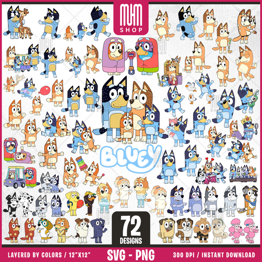 Bluey Dog and Friends Svg Png, 72 Designs Easy to use, Cartoon Characters, Layered Svg by colors, Transparent Png, Cut for Cricut.