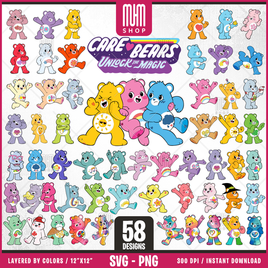 Care Bears UnlockTheMagic Svg Png, Cute Bears, 58 Designs Easy to use, Cartoon Characters, Layered Svg by colors, Transparent Png, Easy cut files for Cricut.