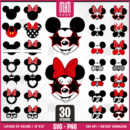 Mouse Ears Svg Png, 30 Designs Easy to use, Cartoon Characters, Layered Svg by colors, Transparent Png, Easy cut files for Cricut.