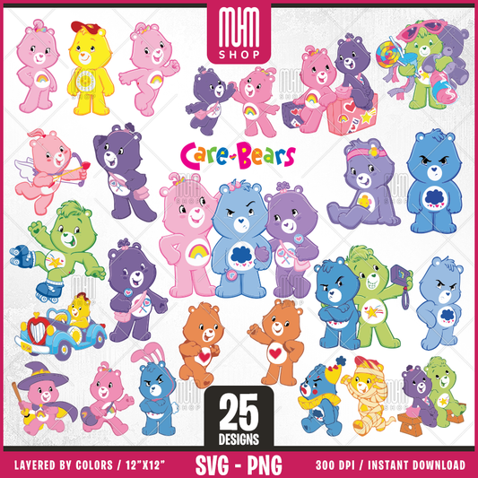 Care Bears Svg Png, Cute Bears, 25 Designs Easy to use, Cartoon Characters, Layered Svg by colors, Transparent Png, Easy cut files for Cricut.