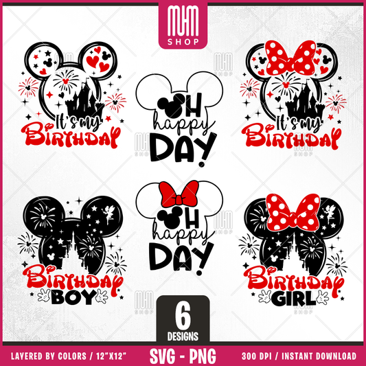 Birthday Mouse Svg Png, 6 Designs Easy to use, Cartoon Characters, Disneyland, Layered Svg by colors, Transparent Png, Cut files for Cricut.