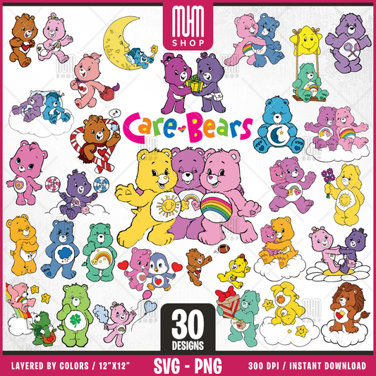 Care Bears Svg Png, Cute Bears, 30 Designs Easy to use, Cartoon Characters, Layered Svg by colors, Transparent Png, Easy cut files for Cricut.