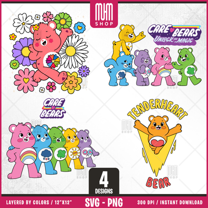 Care Bears UnlockTheMagic Svg Png, Cute Bears, 4 Designs Easy to use, Cartoon Characters, Layered Svg by colors, Transparent Png, Easy cut files for Cricut.