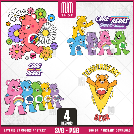 Care Bears UnlockTheMagic Svg Png, Cute Bears, 4 Designs Easy to use, Cartoon Characters, Layered Svg by colors, Transparent Png, Easy cut files for Cricut.