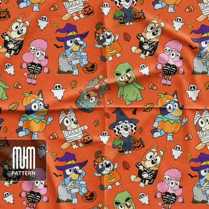 Seamless Pattern PNG, Bluey Dog and Friends Halloween, Cartoon Characters, Fabric Design Sublimation, Ready for Textile Prints.