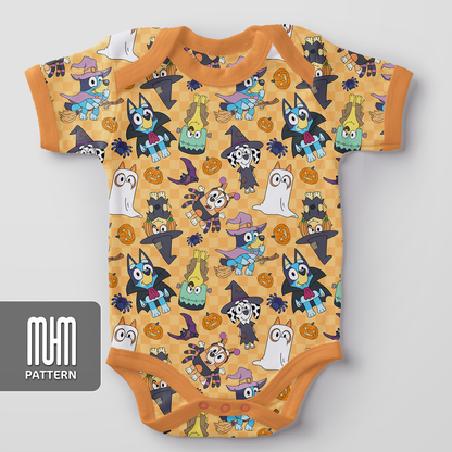 Seamless Pattern PNG, Bluey Dog and Friends Halloween, Cartoon Characters, Fabric Design Sublimation, Ready for Textile Prints.
