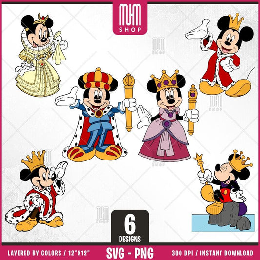 Mouse King & Queen Svg, 6 Designs Easy to use, Cartoon Characters Clipart, Layered Svg by colors, Transparent Png, Easy cut files for Cricut