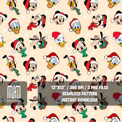 Seamless Pattern PNG, Merry Christmas, Mouse and Friends, Cartoon Characters, Xmas Day, Fabric Design Sublimation, Ready for Textile Prints.