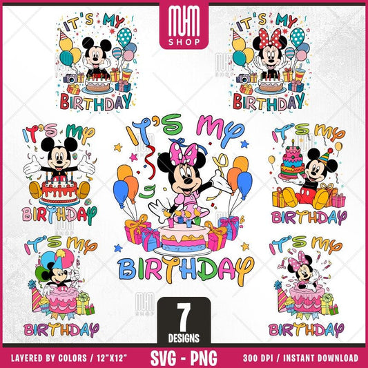 Mouse And Friends Its My Birthday Svg Png, 7 Designs Easy to use, Happy Birthday, Layered Svg by colors, Transparent Png, files for Cricut.