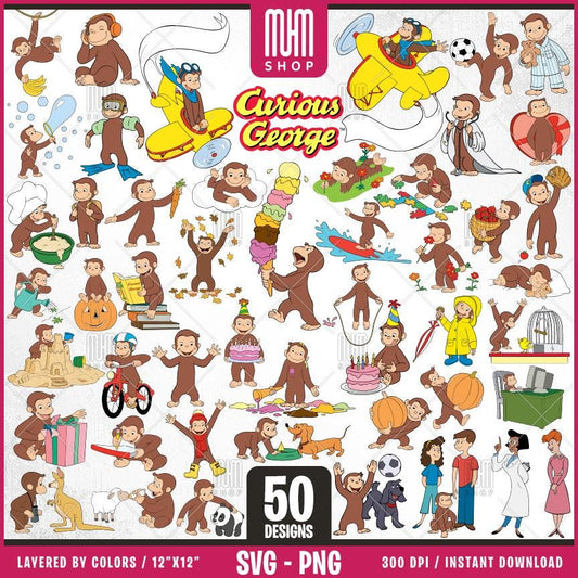 Curious George Monkey Life Svg Png, 50 Designs Easy to use, Cartoon Characters, Layered Svg by colors, Transparent Png, Cut files for Cricut
