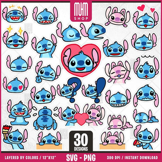 Stickers Stitch And Angel Svg, 30 Designs Easy to use, Cartoon Characters, Layered Svg by colors, Transparent Png, Easy cut files for Cricut