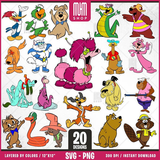 Retro Cartoon Characters - Animals Svg Png, 20 Designs Easy to use, 70s, 80s, Layered Svg by colors, Transparent Png, Cut Files for Cricut.
