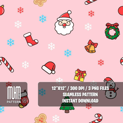 Seamless Pattern PNG, Merry Christmas, New Year, Colored Background, Xmas Noel Day, Fabric Design Sublimation, Ready for Textile Prints.