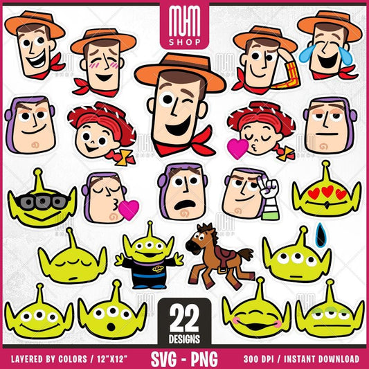 Stickers Toy Story Svg Png, 22 Designs Easy to use, Cartoon Characters, Layered Svg by colors, Transparent Png, Easy cut files for Cricut.
