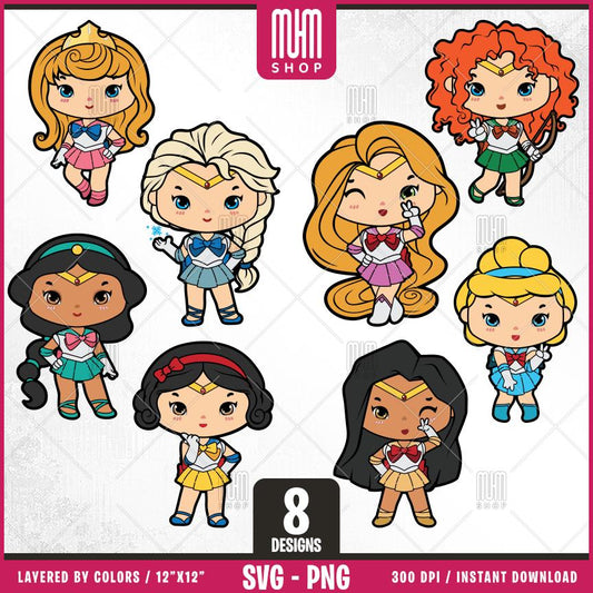 Princesses Bundle Svg, 8 Designs Easy to use, Cartoon Characters Clipart, Layered Svg by colors, Transparent Png, Easy cut files for Cricut.