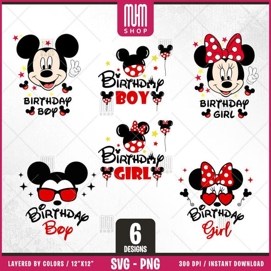 Birthday Mouse Svg Png, 6 Designs Easy to use, Cartoon Characters, Disneyland, Layered Svg by colors, Transparent Png, Cut files for Cricut.