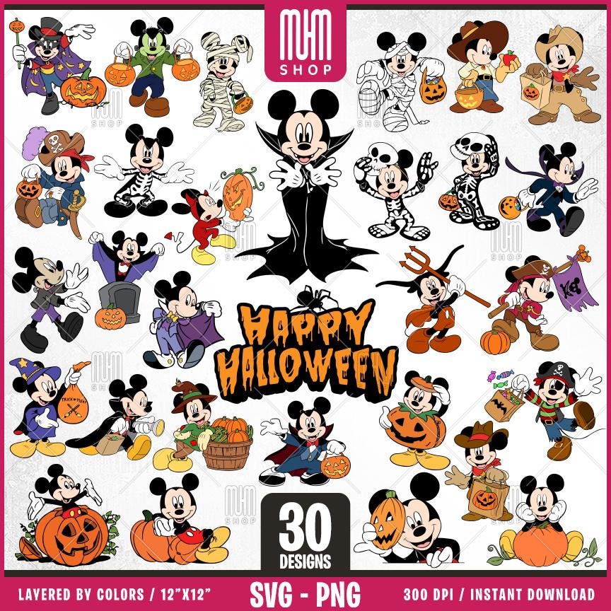 Mouse at Halloween Svg Png, 30 Designs Easy to use, Cartoon Characters, Layered Svg by colors, Transparent Png, Easy cut files for Cricut.
