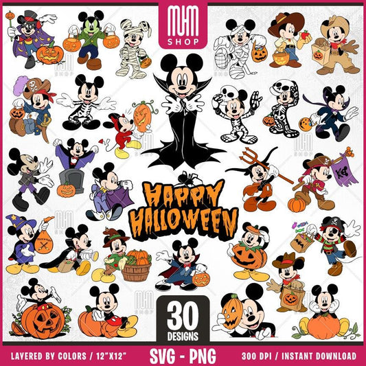 Mouse at Halloween Svg Png, 30 Designs Easy to use, Cartoon Characters, Layered Svg by colors, Transparent Png, Easy cut files for Cricut.
